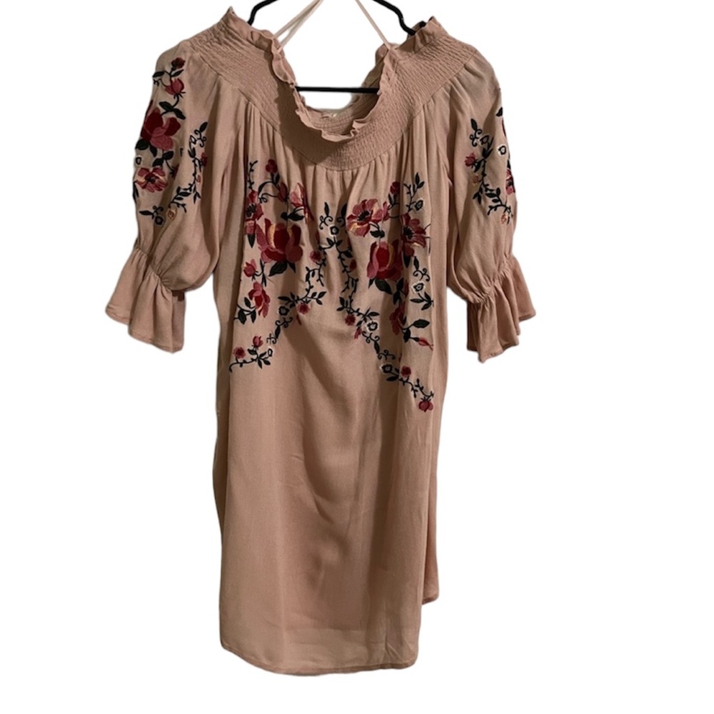 Pink Off-the-Shoulder Embroidered Dress (Size S)